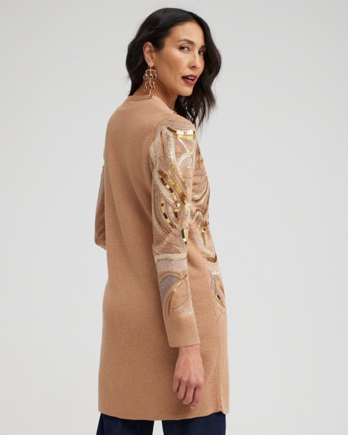 Chicos Embellished Jacquard Cardigan Sweater - Faux Camel Heather