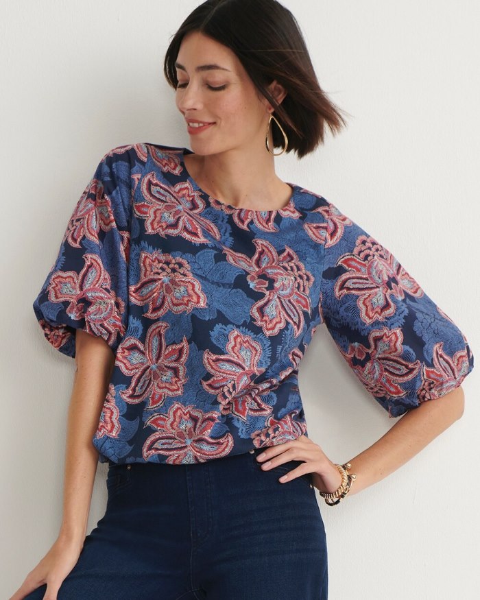 Chicos Floral Bubble Hem Top - Classic Navy