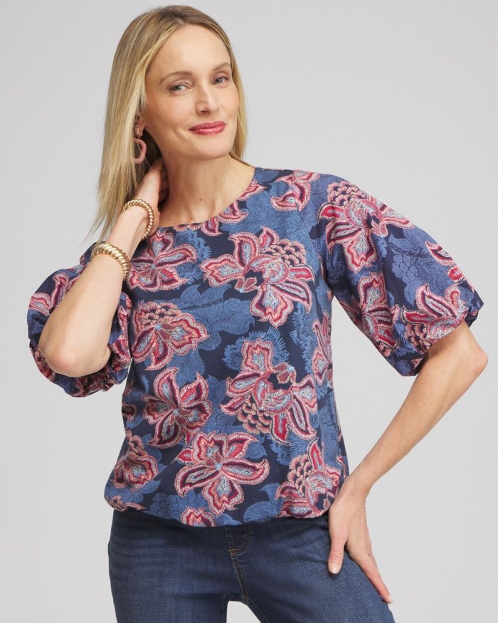 Chicos Floral Bubble Hem Top - Classic Navy