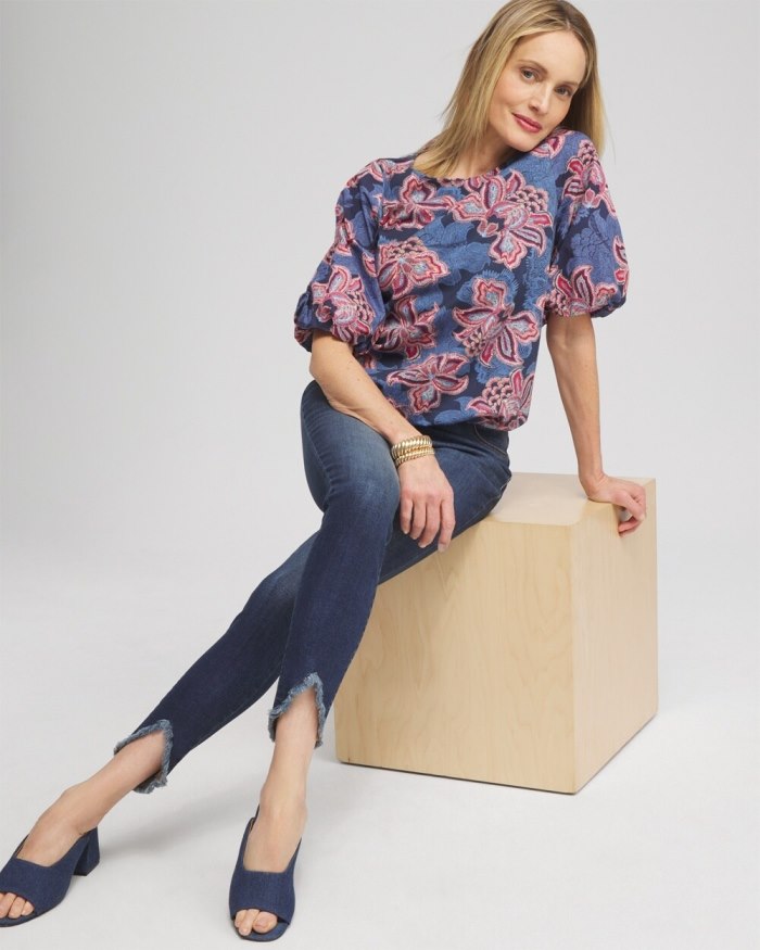 Chicos Floral Bubble Hem Top - Classic Navy