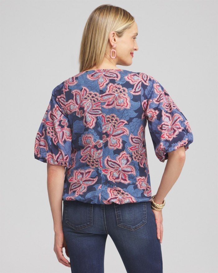 Chicos Floral Bubble Hem Top - Classic Navy