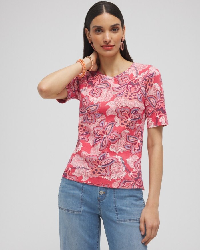 Chicos Floral Everyday Elbow Sleeve Tee - Ginger Rose