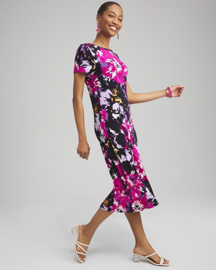 Chicos Travelers Floral Cap Sleeve Midi Dress - Magenta Rose