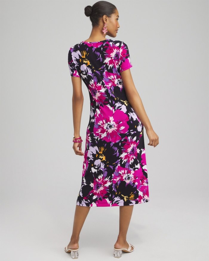 Chicos Travelers Floral Cap Sleeve Midi Dress - Magenta Rose