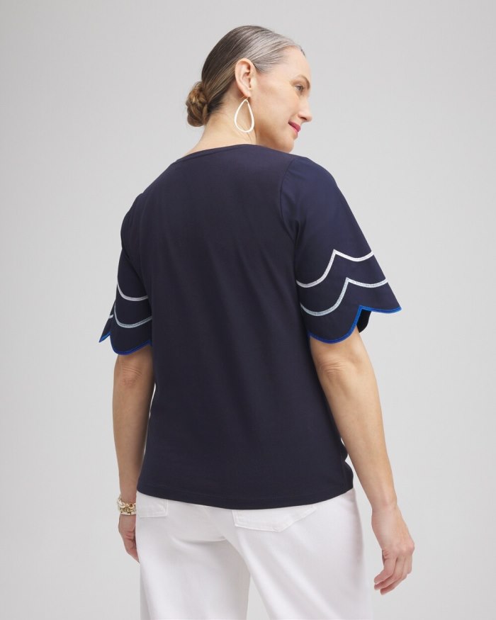 Chicos Embroidered Scallop Sleeve Top - Classic Navy