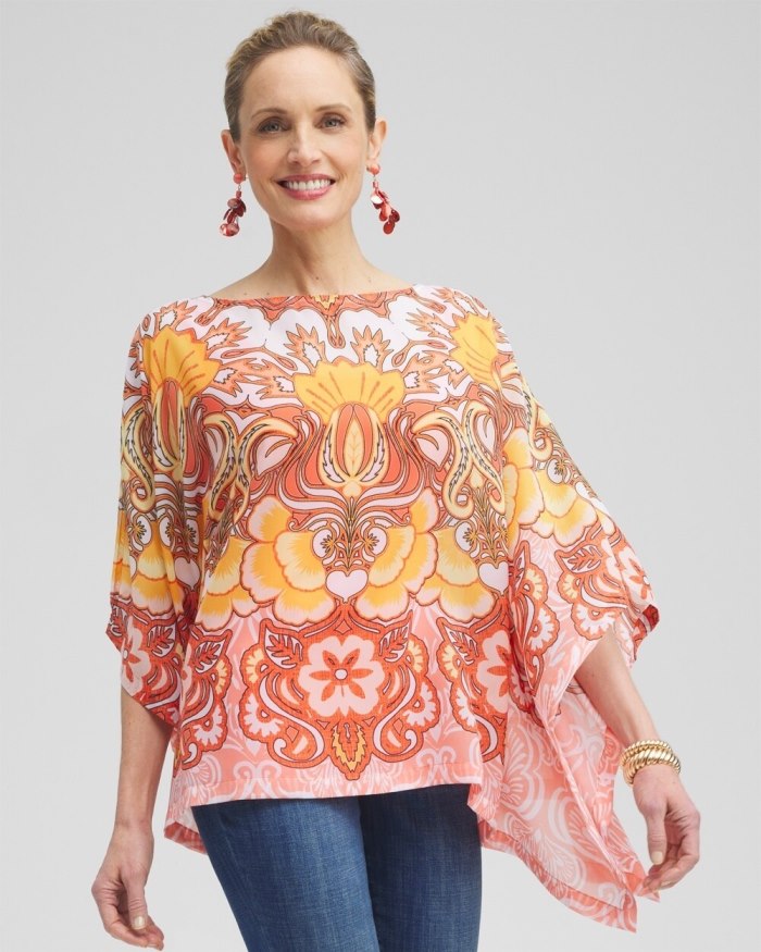 Chicos Chiffon Paisley Poncho - Coral Ice