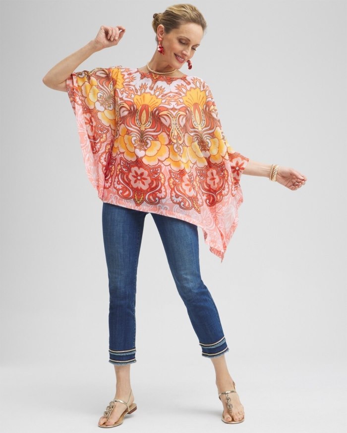 Chicos Chiffon Paisley Poncho - Coral Ice