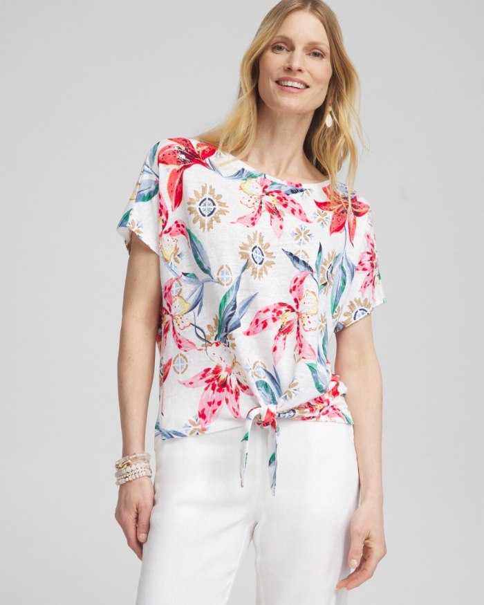 Chicos Linen Floral Tie Front Tee - DELIGHTFUL PINK