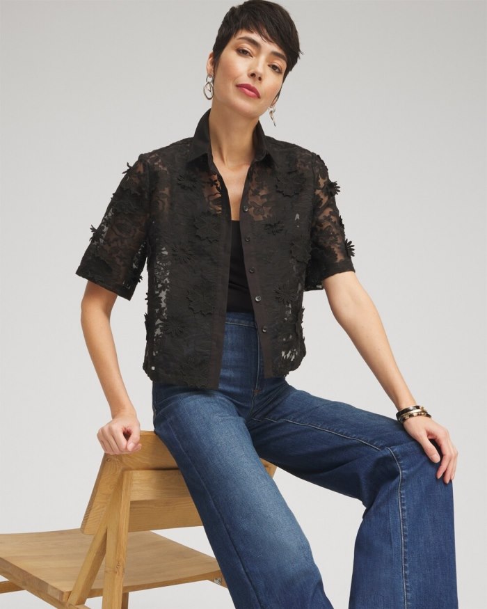 Chicos Lace Applique Shirt - Black