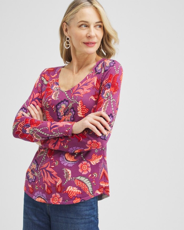 Chicos Spun Rayon Floral V-neck Pullover - Ginger Rose