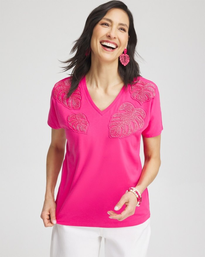 Chicos Beaded Cotton Stretch Tee - PINK BROMELIAD