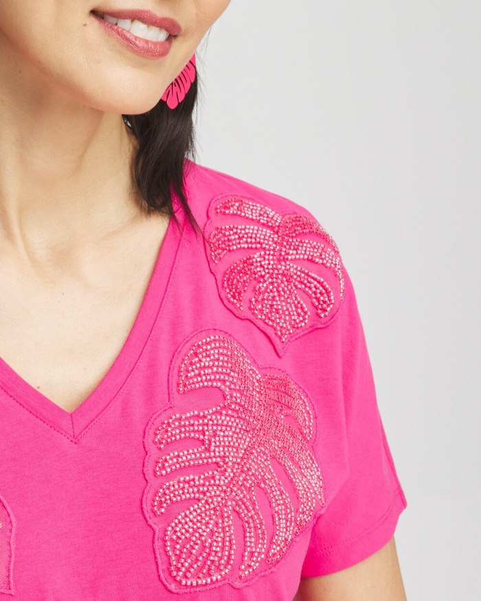 Chicos Beaded Cotton Stretch Tee - PINK BROMELIAD