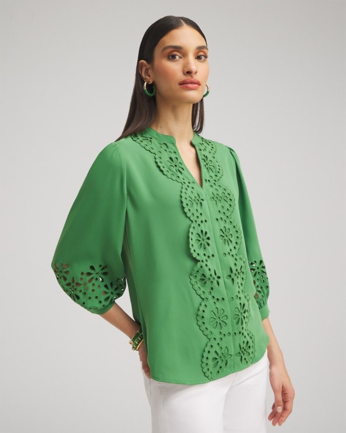 Chicos Satin Eyelet Top - Verdant Green