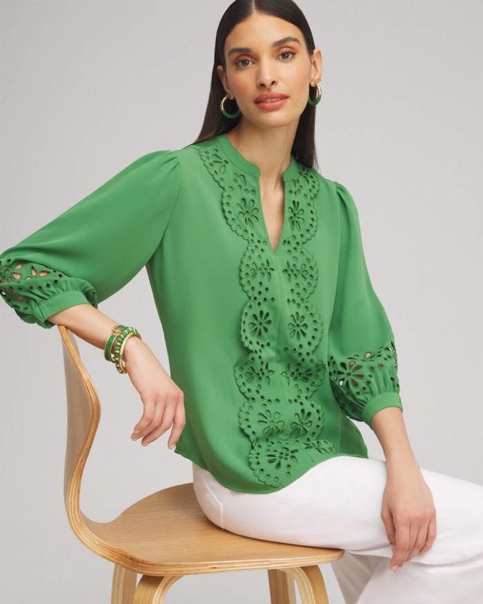 Chicos Satin Eyelet Top - Verdant Green