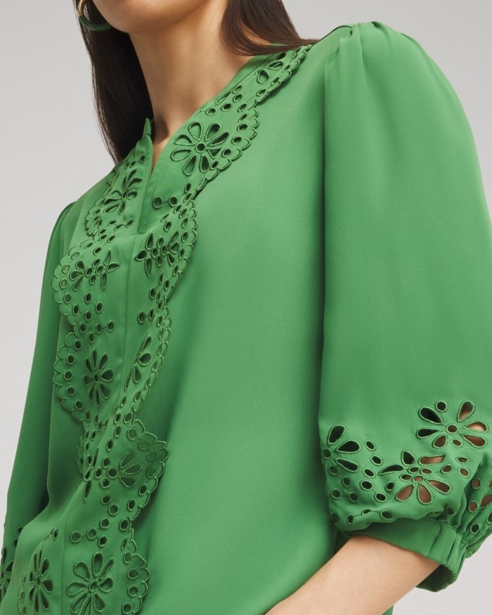 Chicos Satin Eyelet Top - Verdant Green