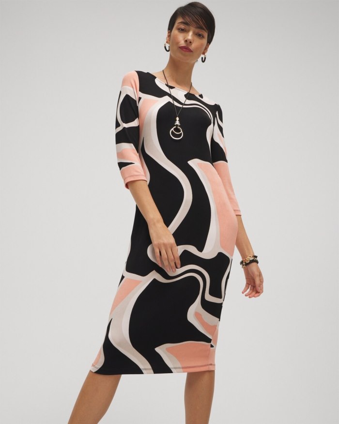 Chicos Travelers Abstract Print Classic Dress - Pink Clay