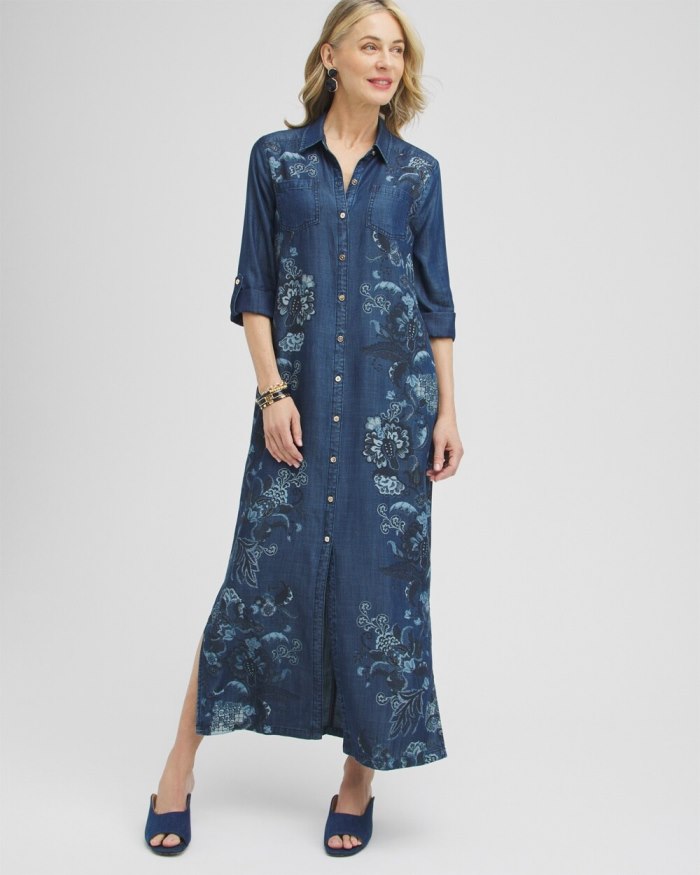 Chicos Chambray Roll Tab Floral Maxi Dress - Blue