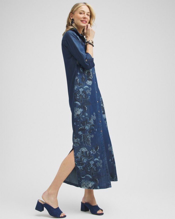 Chicos Chambray Roll Tab Floral Maxi Dress - Blue