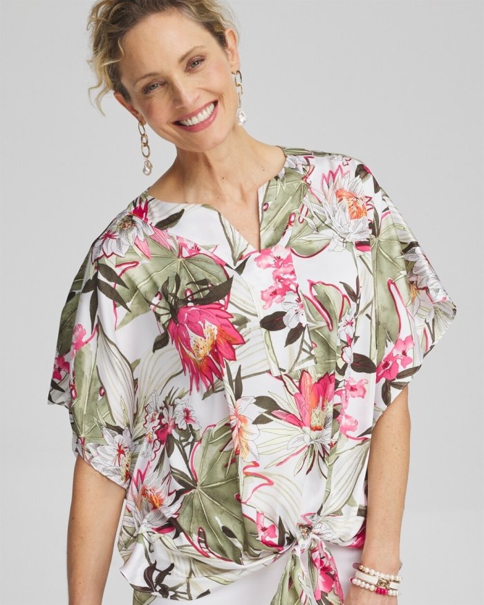 Chicos Satin Floral Tie Front Top - PINK BROMELIAD