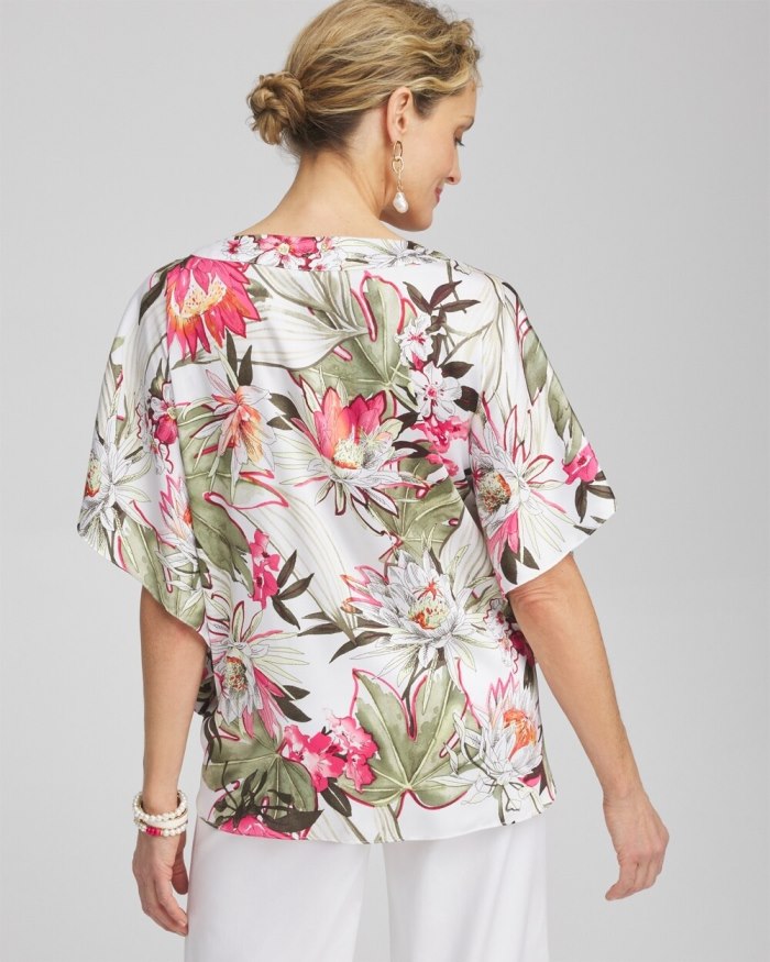 Chicos Satin Floral Tie Front Top - PINK BROMELIAD