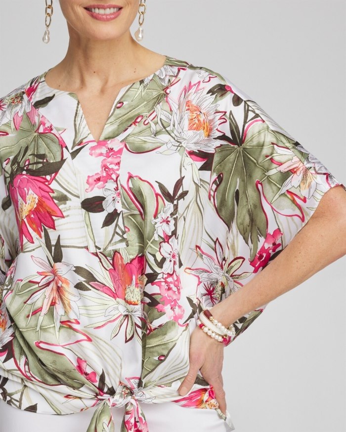 Chicos Satin Floral Tie Front Top - PINK BROMELIAD