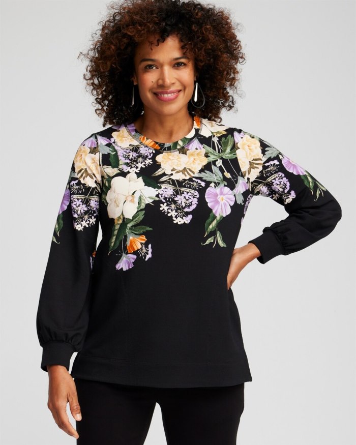 Chicos Zenergy French Terry Floral Pullover - Black