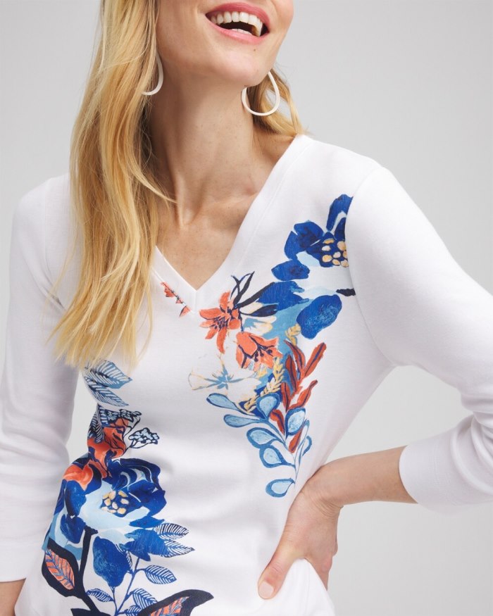 Chicos Floral Everyday 3/4 Sleeve Tee - Alabaster