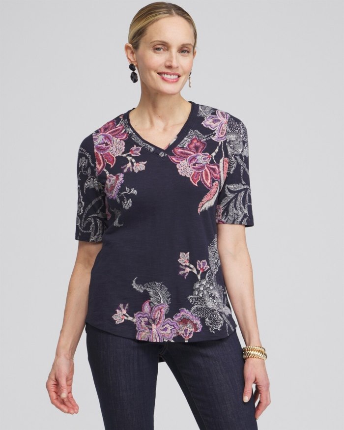 Chicos Placed Floral Elbow Sleeve A-line Tee - Ginger Rose