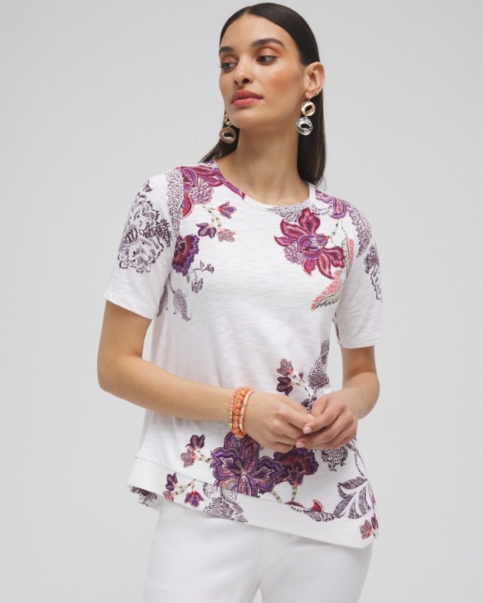 Chicos Floral Asymmetrical Elbow Sleeve Tee - Alabaster