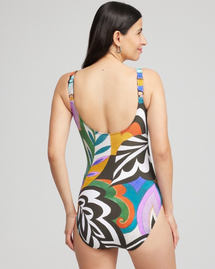 Chicos Print Square Neck One Piece Swimsuit - Multi