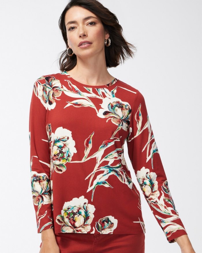 Chicos Touch of Cool Floral Layering Tee - Smoked Paprika