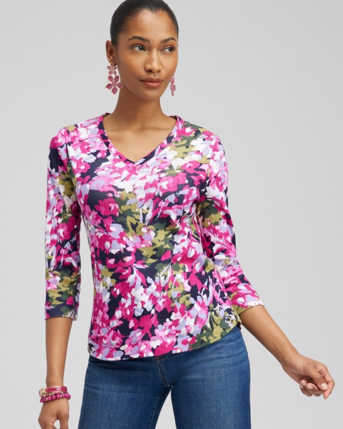 Chicos Floral Everyday 3/4 Sleeve Tee - Magenta Rose