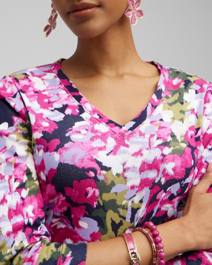 Chicos Floral Everyday 3/4 Sleeve Tee - Magenta Rose