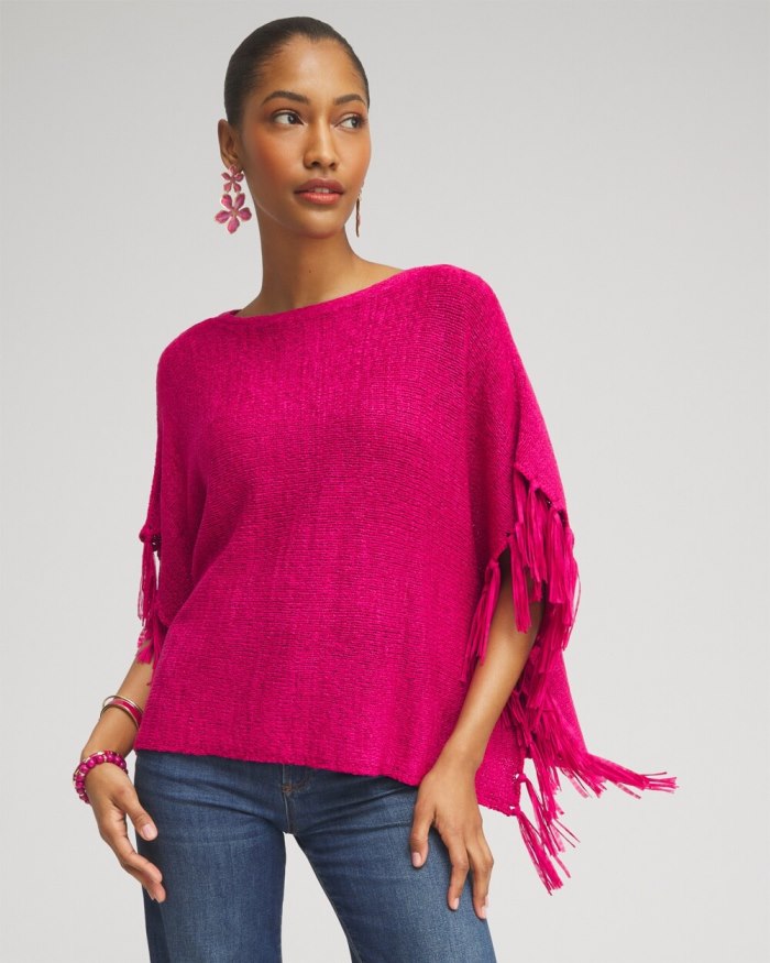 Chicos Fringe Knit Poncho - Magenta Rose