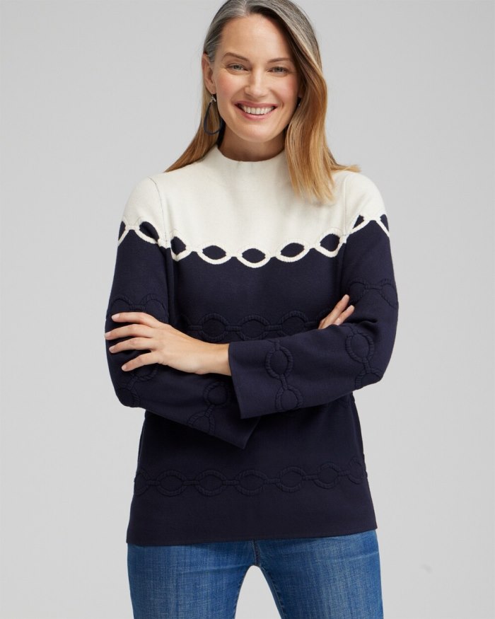 Chicos Colorblock Funnel Neck Pullover - English Cream