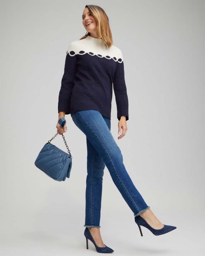 Chicos Colorblock Funnel Neck Pullover - English Cream