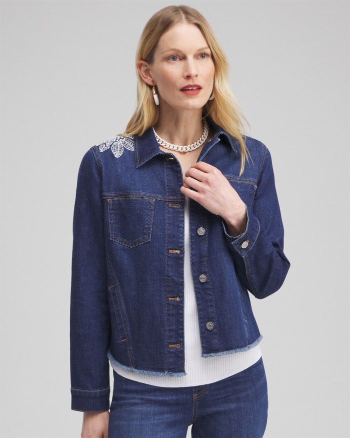 Chicos Fray Hem Embroidered Denim Jacket - Morwenna Indigo