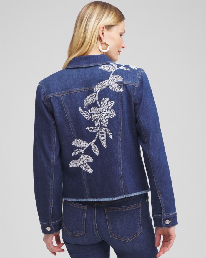 Chicos Fray Hem Embroidered Denim Jacket - Morwenna Indigo