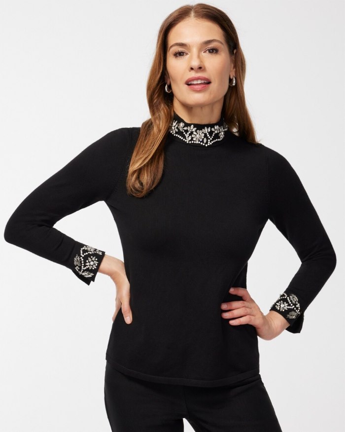 Chicos Embellished Floral Turtleneck - Black