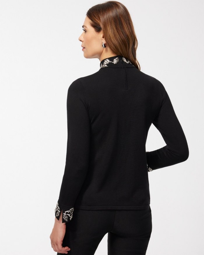 Chicos Embellished Floral Turtleneck - Black