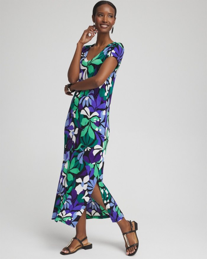 Chicos Travelers Floral V-neck Maxi Dress - Purple Nightshade