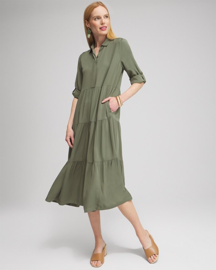 Chicos Silk Blend Tiered Midi Dress - Olive