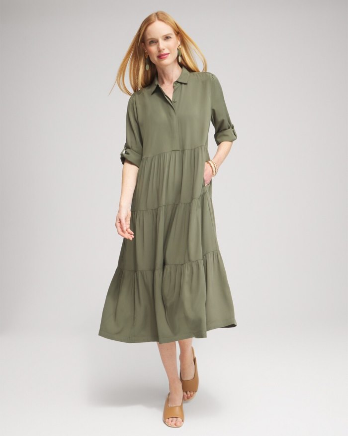 Chicos Silk Blend Tiered Midi Dress - Olive