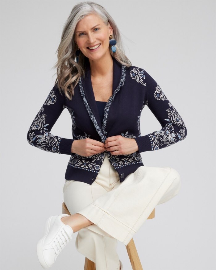 Chicos Shawl Neck Cropped Cardigan - Classic Navy