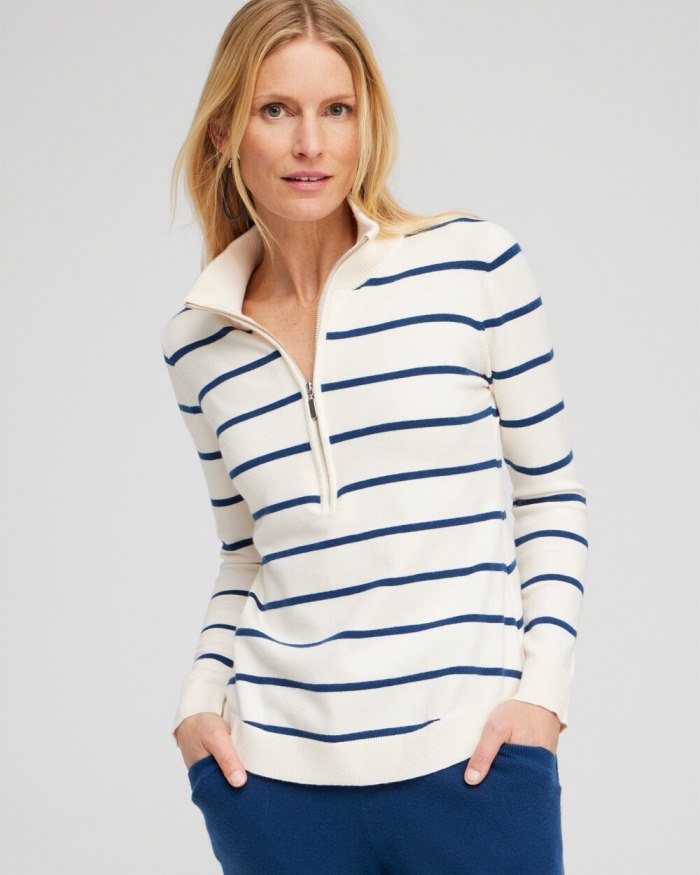 Chicos Zenergy Luxe Cashmere Blend Stripe Sweater - Azores Blue