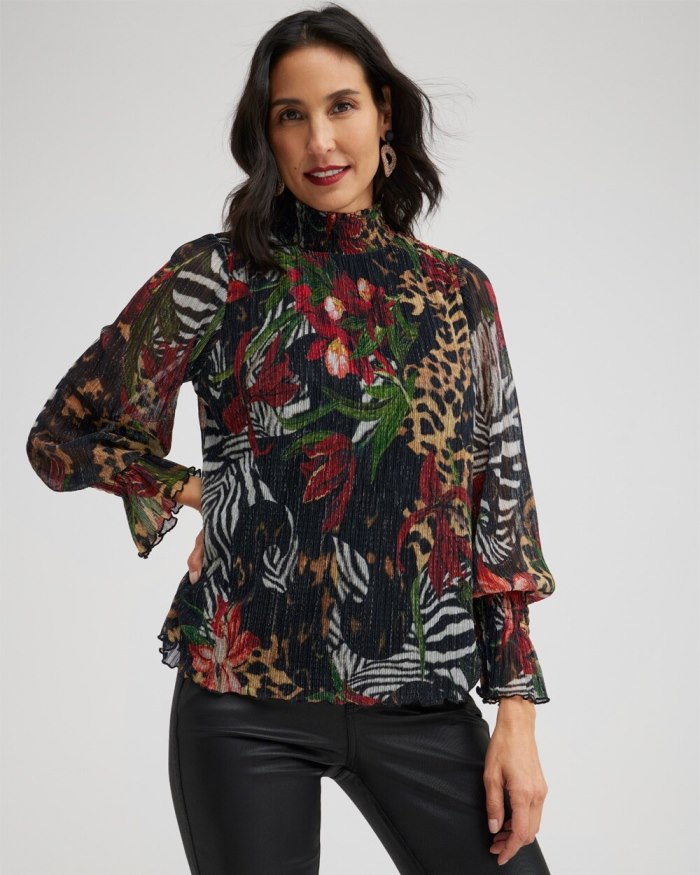 Chicos Mock Neck Mixed Print Metallic Crinkle Top - Black