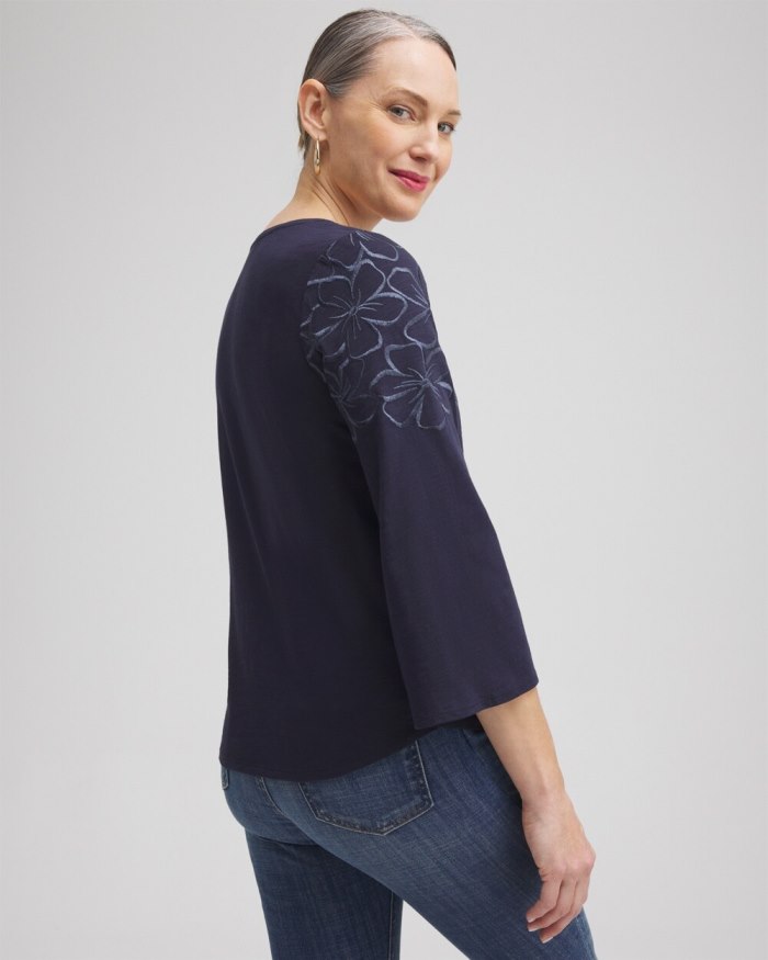 Chicos Floral Embroidered 3/4 Sleeve Top - Classic Navy