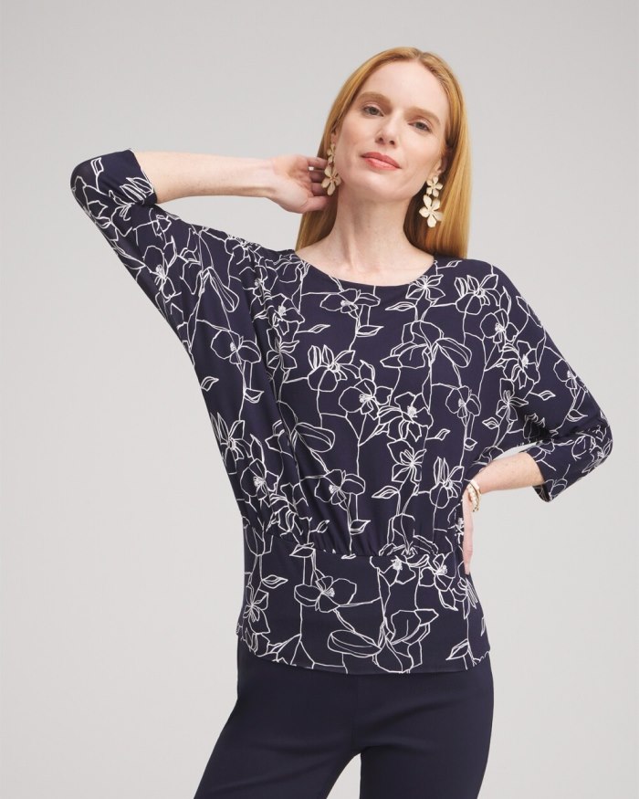 Chicos Touch of Cool Floral Banded Hem Top - Classic Navy