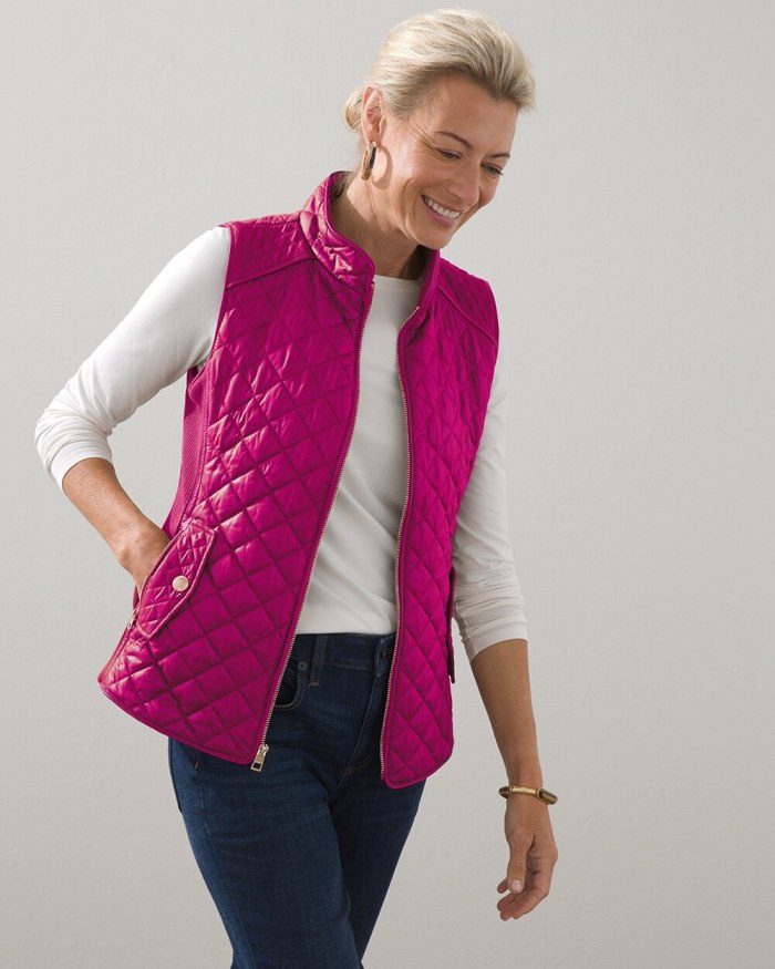 Chicos Rib Trim Quilted Vest - Orchid Flower