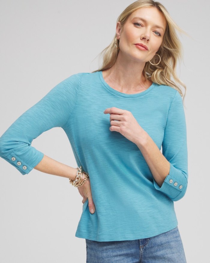 Chicos 3/4 Sleeve Button Tee - Cool Water